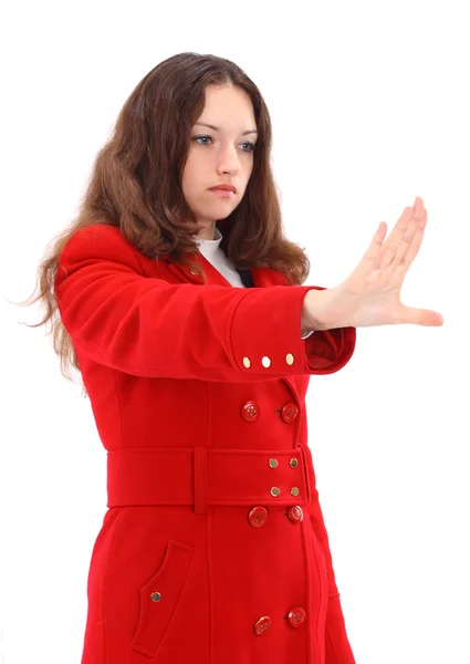 Sério mulher de negócios fazendo parar sinal sobre branco, foco na mão — Fotografia de Stock
