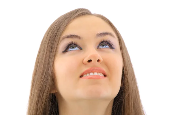 Крупним планом портрет сексуальної кавказької молодої жінки з красивими блакитними очима — стокове фото