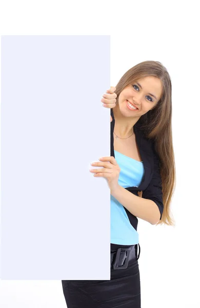 Die schöne Geschäftsfrau zeigt auf weißem Hintergrund — Stockfoto