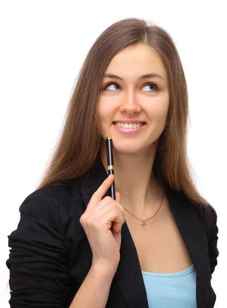 Geschäftsfrau zeigt mit der Hand auf weiß — Stockfoto