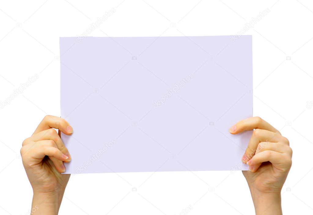 Two hands are holding up a white piece of paper on an isolated background.