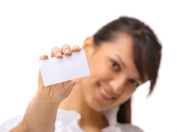Joven mujer de negocios feliz con signo en blanco o tarjeta de visita , —  Fotos de Stock