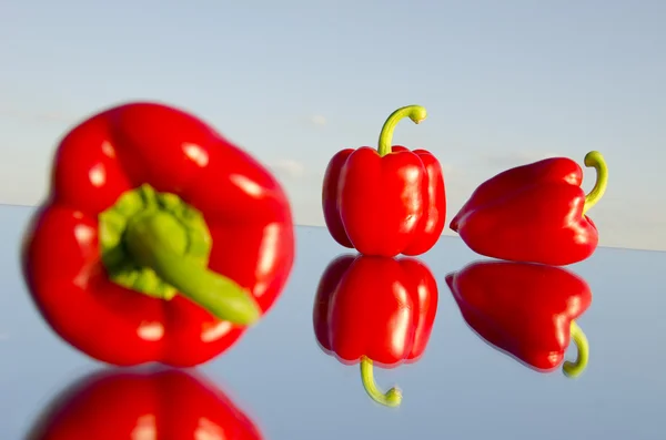 Three red peppers on mirror — Stock Photo, Image