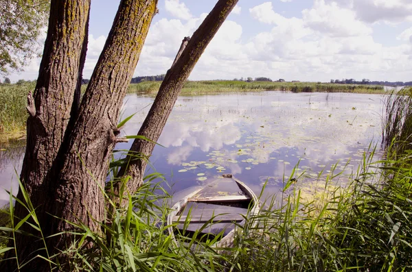 Ландшафт озера со старой лодкой — стоковое фото