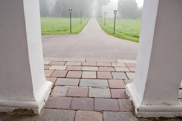Mlha v historickým zámeckým parkem — Stock fotografie