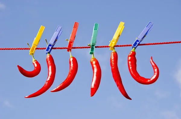 六つの赤いホット ・ チリ ・ ペッパーズと空 — ストック写真