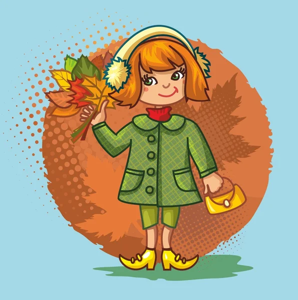 Cute little girl with a bouquet of autumn leaves on a bright background — Stock Vector