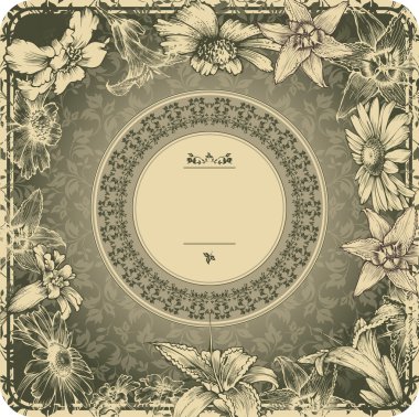 Vintage frame with blooming flowers clipart