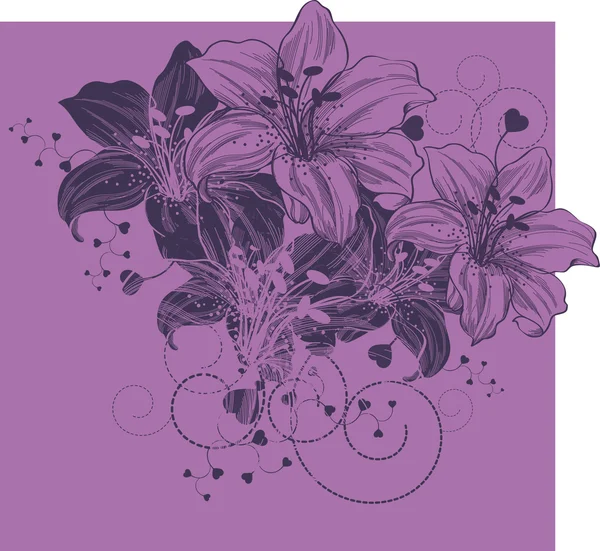 Floral φόντο με ανθισμένα κρίνα και καρδιά — Διανυσματικό Αρχείο