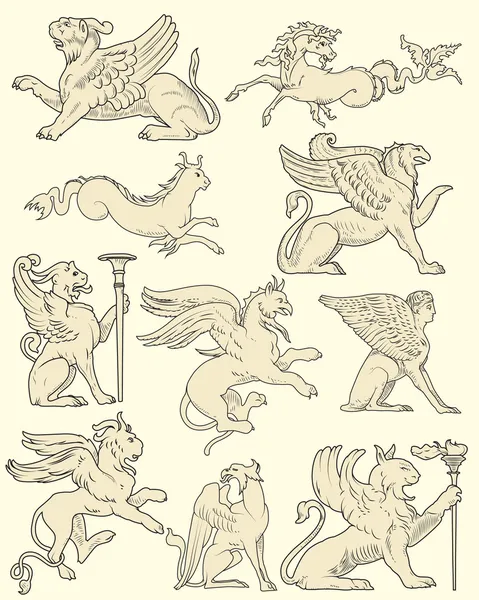 Set di animali e scene medievali — Vettoriale Stock