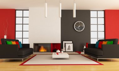 Contemporary living room with fireplace clipart