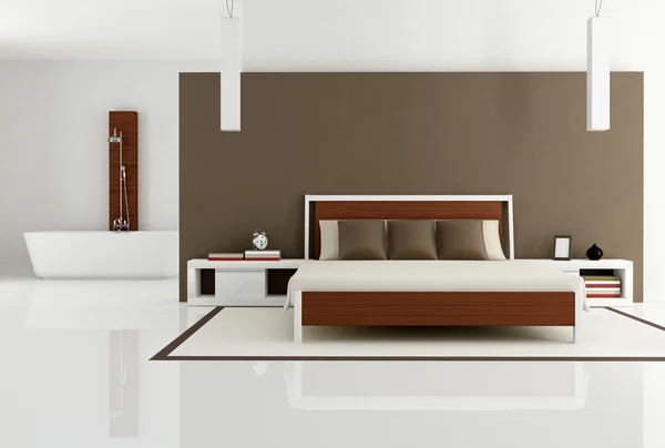 Braunes Schlafzimmer mit modischer Badewanne — Stockfoto