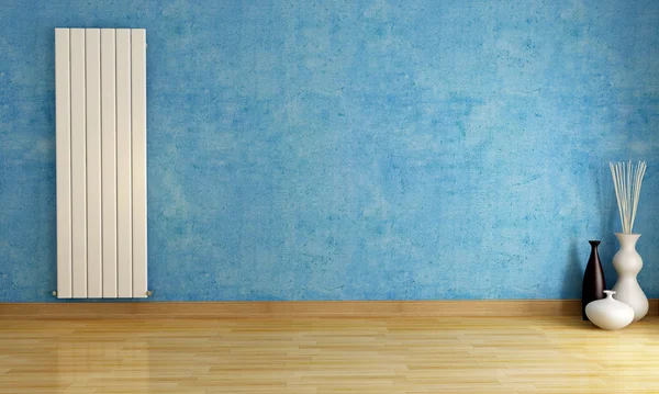 Modré prázdná místnost s radiátor — Stock fotografie
