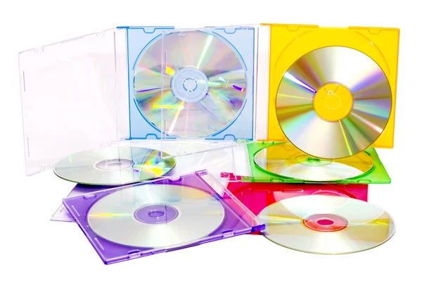 Kleurrijke cd's in vakken — Stockfoto