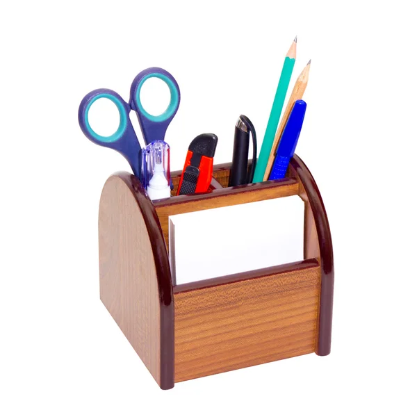 Biuro drewniany stojak na długopisy i ołówki — Zdjęcie stockowe