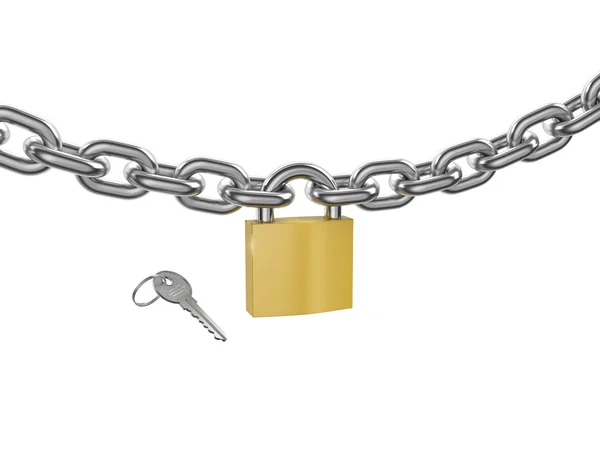 Locked padlock on the chrome-plated chain and key — Stock Photo, Image