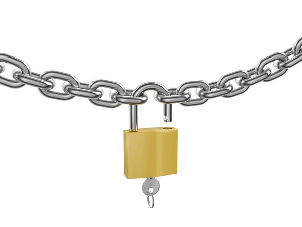 Unlocked padlock with key on the chrome-plated chain — Stock Photo, Image