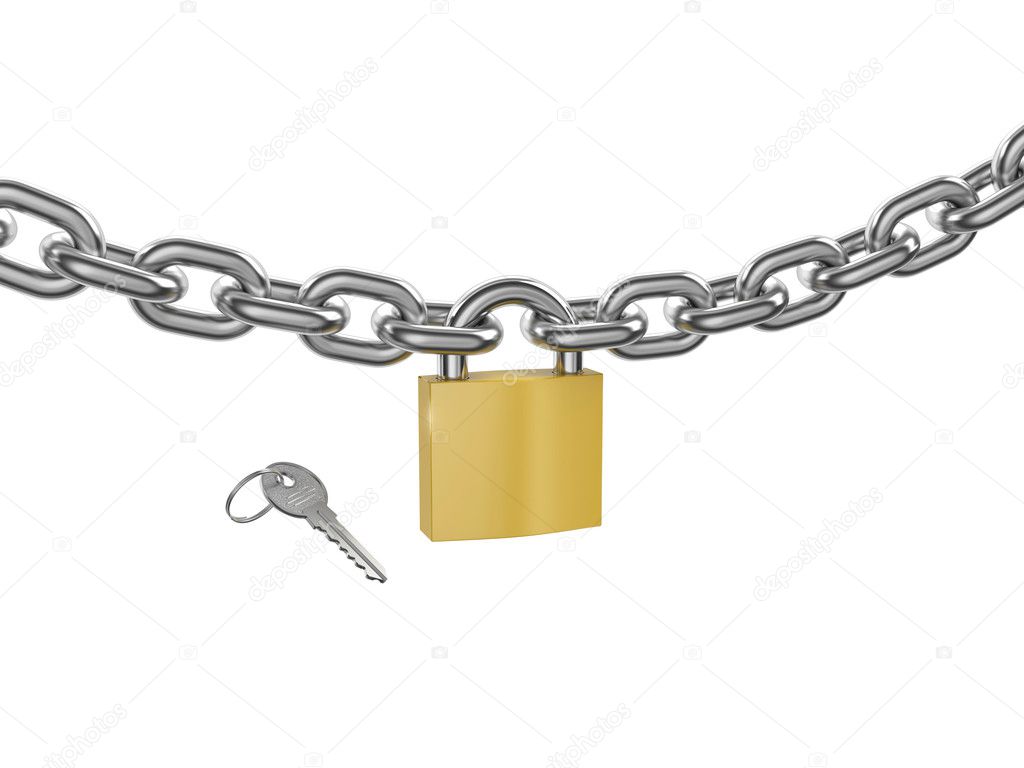 Locked padlock on the chrome-plated chain and key
