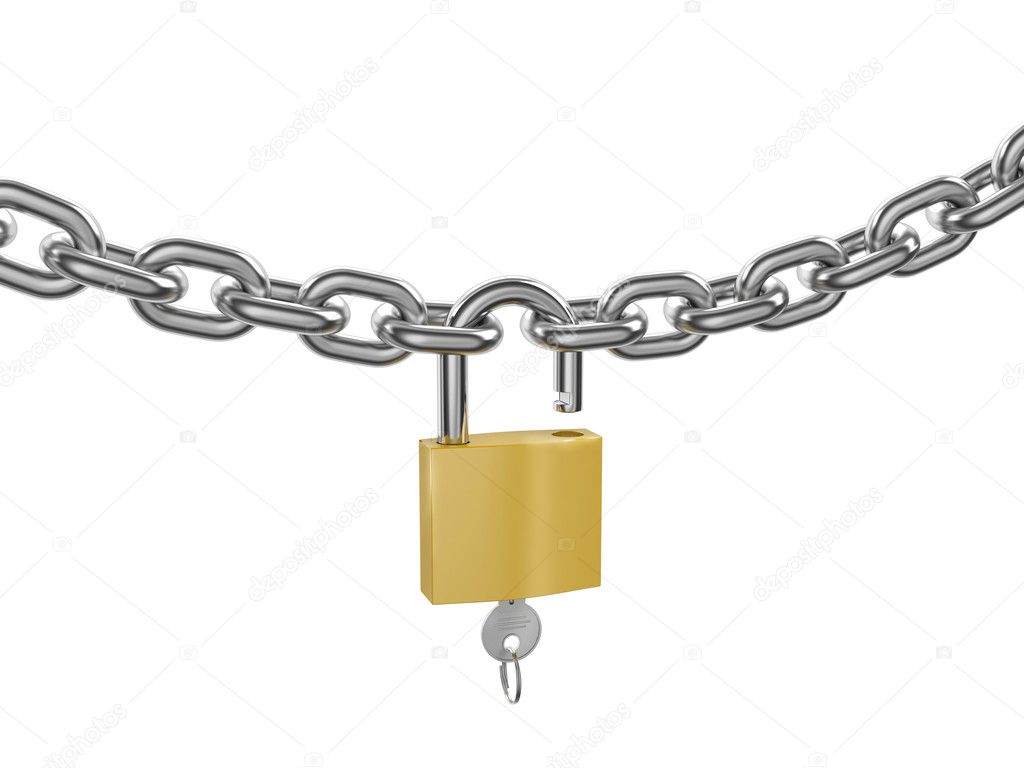 Unlocked padlock with key on the chrome-plated chain