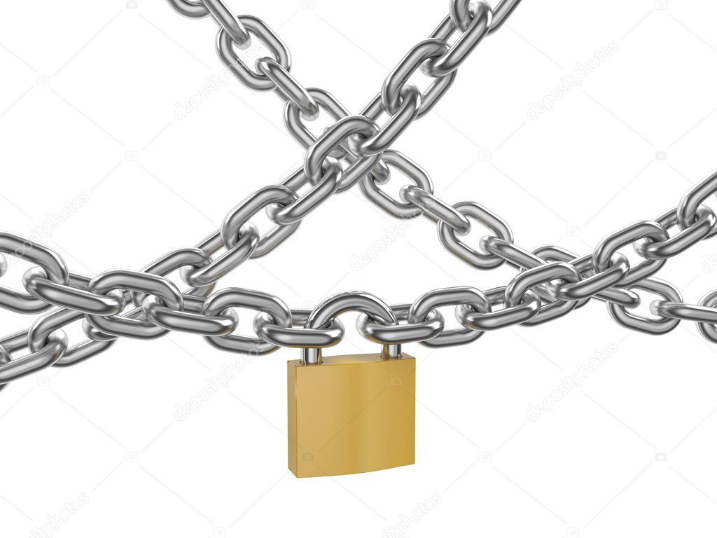 Locked padlock on the chrome-plated chains