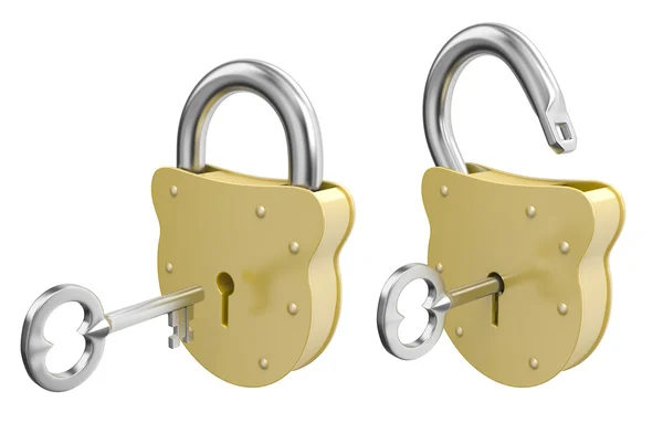 Cadeados abertos e fechados com chaves — Fotografia de Stock