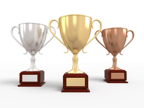 Goud, zilver en brons trofee cups — Stockfoto