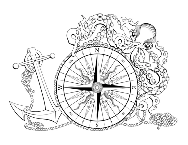 Kompas met anker en octopus — Stockvector