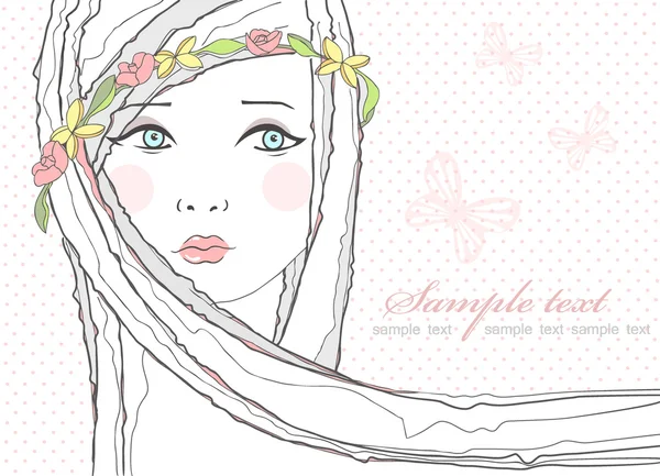 Jolie salutation, carte d'anniversaire ou invitation avec fille et fleurs dans les cheveux — Image vectorielle