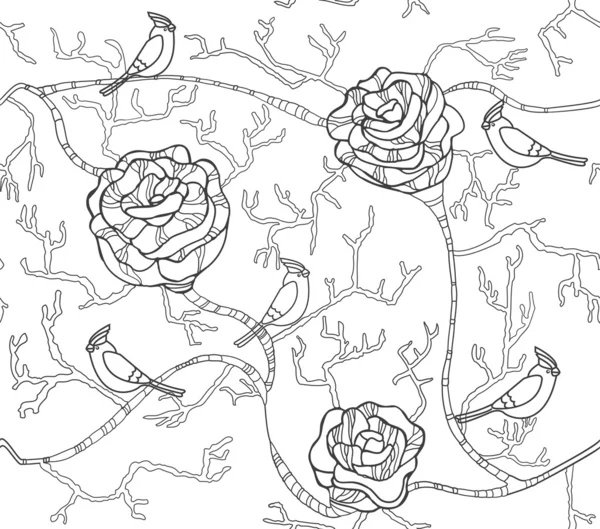 Abstraktes schwarz-weißes nahtloses Blumenmuster mit Rosen und Vögeln — Stockvektor