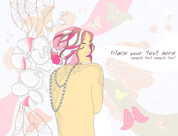 Fond vectoriel romantique abstrait avec les femmes, branche d'orchidée et papillon — Image vectorielle