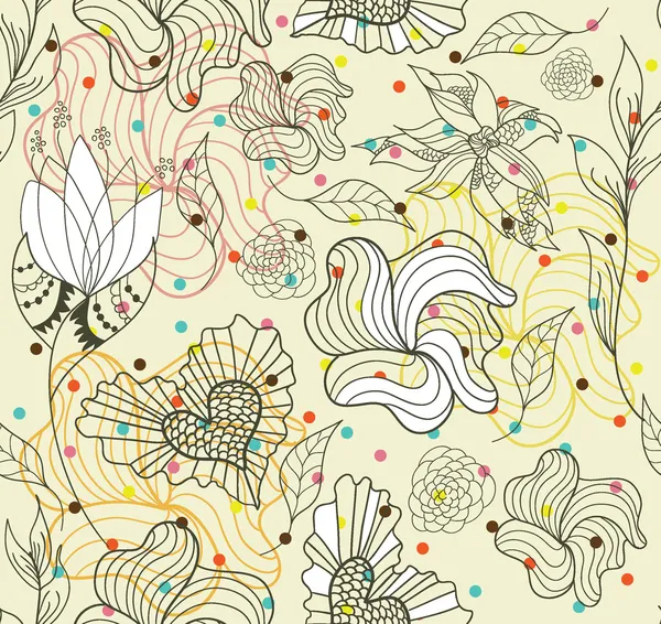 ドットの抽象的なシームレスな落書き花とハートマーク パターン — ストックベクタ