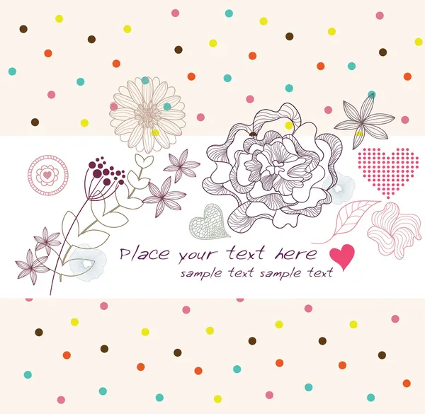 Χαριτωμένο πολύχρωμο φόντο με λουλούδια και καρδιές — Διανυσματικό Αρχείο