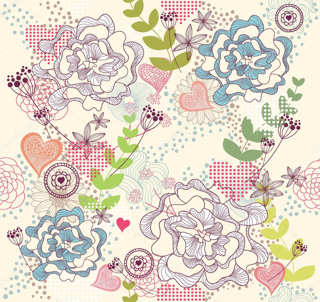 Cute colorful seamless pattern, wallpaper or background with flowers and he