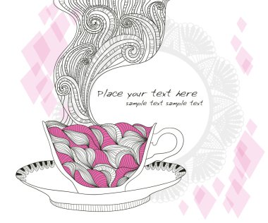 Coffee and tea cup background with abstract doodle pattern. clipart