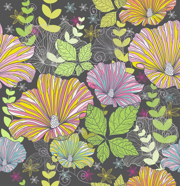 Άνευ ραφής πολύχρωμο λουλουδάτο μοτίβο. η εκτύπωση δαπέδου με λουλούδια και φύλλα. — Διανυσματικό Αρχείο