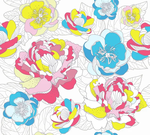 Motif floral coloré sans couture. Arrière-plan avec pivoines et fleurs de cerisier — Image vectorielle