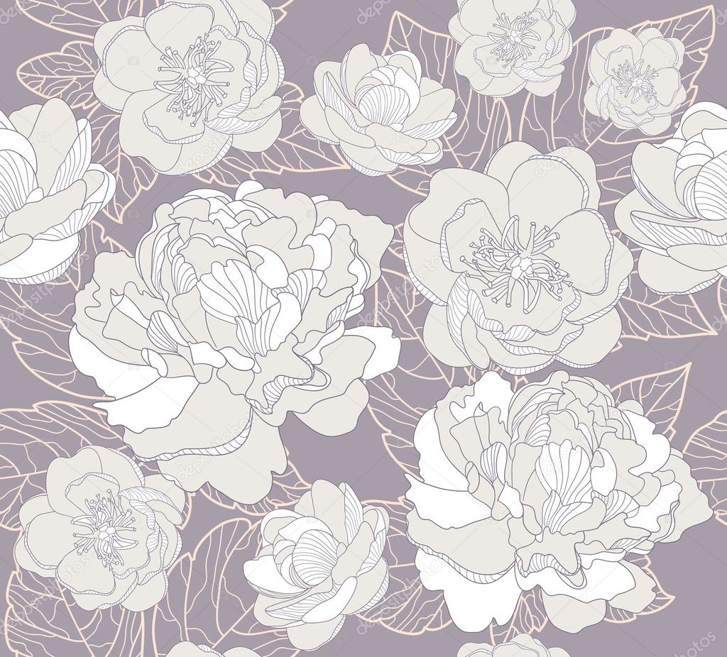 Seamless floral pattern. Background with peonies and cherry blossom flowers