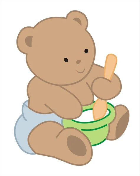 Baby bear mixing food in a hat — Stock Vector