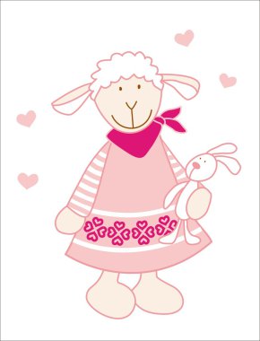Sheep in dress and with her's bunny clipart