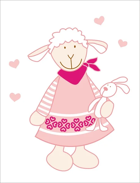 Sheep in dress and with her's bunny — Stock Vector