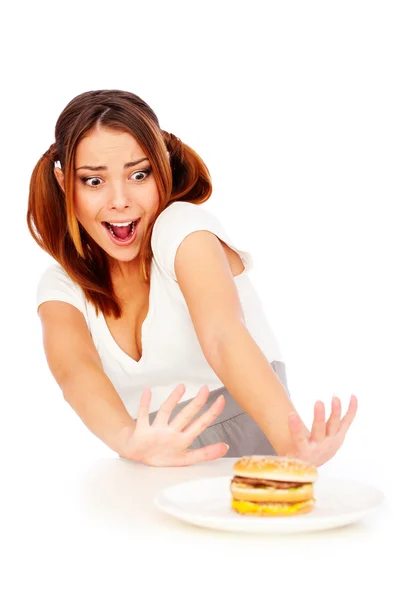 ハンバーガーを持つ感情的な女性 — ストック写真