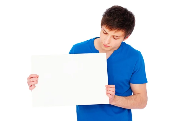 Man holding blank billboard — Zdjęcie stockowe