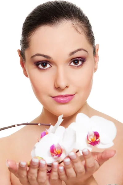 Woman with white orchid — Stock Photo, Image