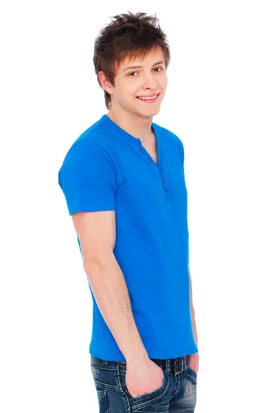 Gelukkig man in blauw t-shirt — Stockfoto