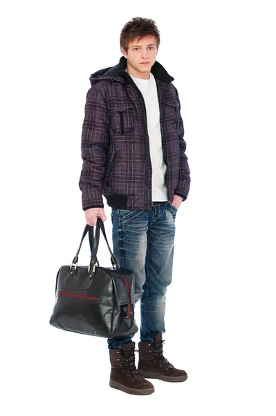 Homem de casaco segurando saco — Fotografia de Stock