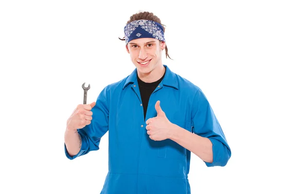 Smajlík údržbář drží šroub klíč — Stock fotografie