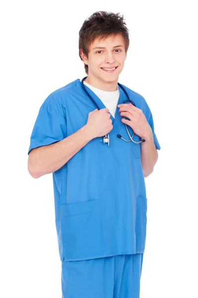Smiley sjuksköterska i blå uniform — Stockfoto