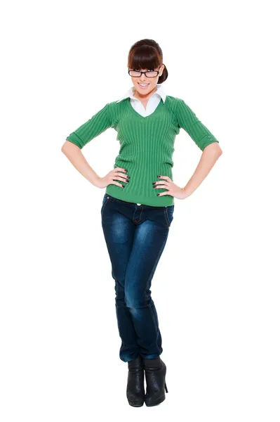 Gülen kadın kot pantolon — Stok fotoğraf