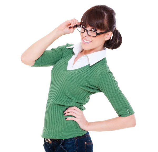 Smajlík mladá žena v brýlích — Stock fotografie