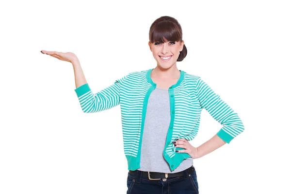 Woman standing with palm upwards — Stock Photo, Image